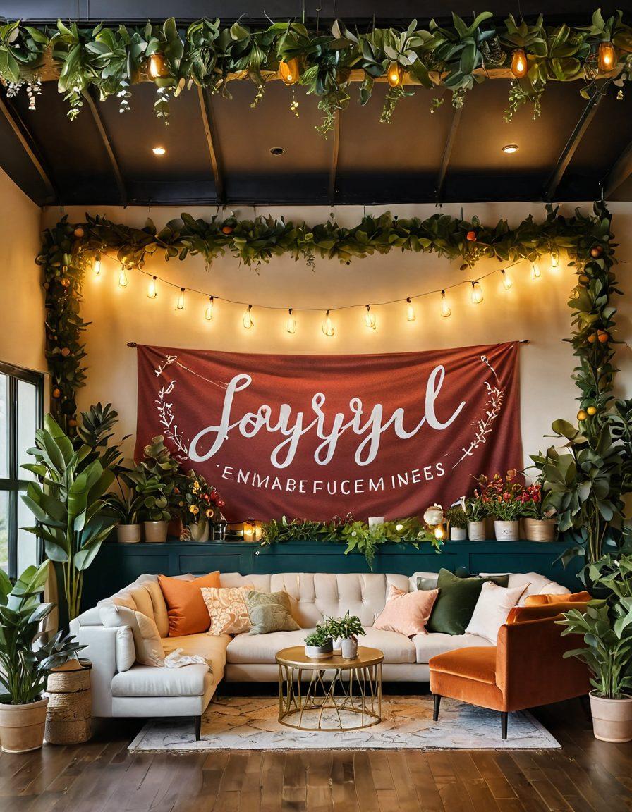 A cozy and inviting clubhouse filled with diverse people laughing and sharing stories together, vibrant decor and plants around, warm lighting creating an atmosphere of joy, a large banner with the words 'Embrace Joyful Togetherness' hanging in the background. super-realistic. vibrant colors. intimate setting.