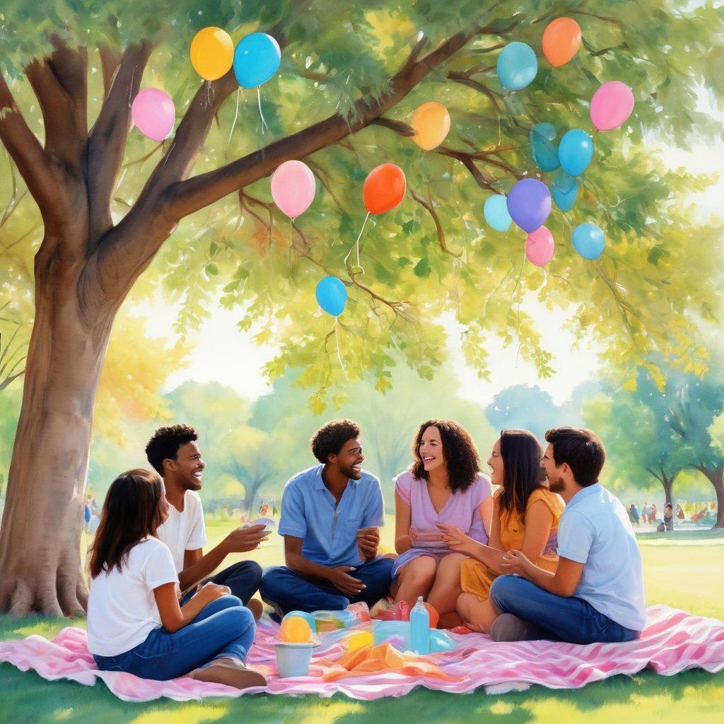 A joyful gathering of diverse friends laughing and sharing stories under a vibrant tree in a sunny park, with picnic blankets and colorful balloons around them. The expressions of happiness and warmth radiate the spirit of togetherness. Soft pastel colors and a dreamy ambiance enhance the nostalgia of lasting friendships. watercolor painting. vibrant colors.