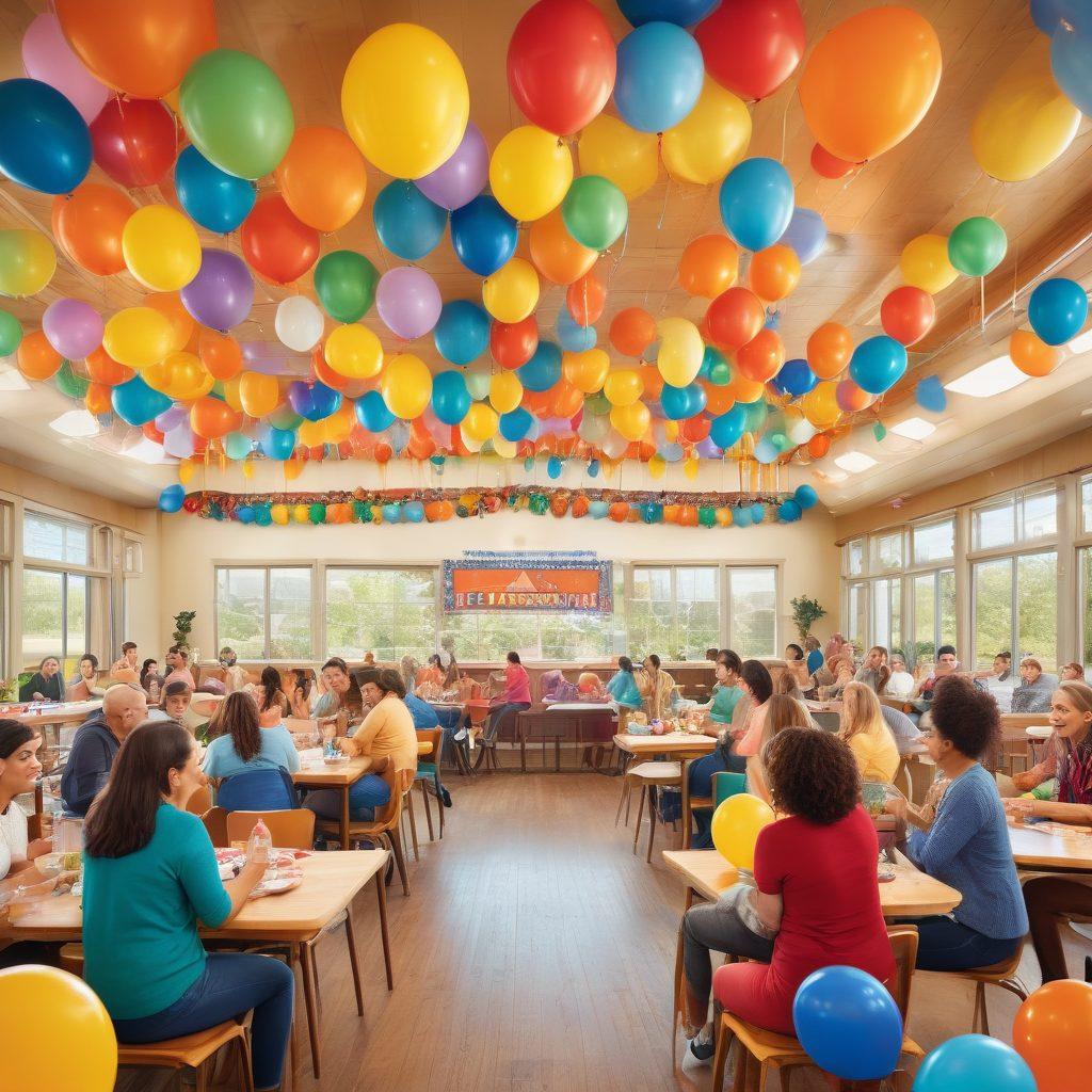 A vibrant clubhouse scene filled with diverse individuals engaging in various fun activities, such as playing games, cooking together, and enjoying laughter under colorful decorations. Emphasize a warm, inviting atmosphere with bright, cheerful colors and an open layout that showcases unity and fellowship. Include elements like balloons, banners, and welcoming signs. lively illustration. warm colors. playful style.